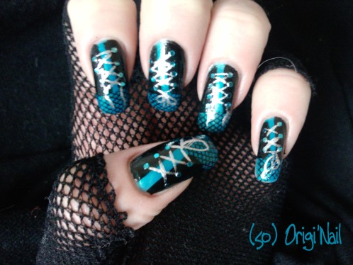 Blue And Black Corset Nail Art