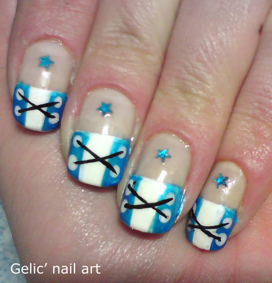 Blue And White French Tip Corset Nail Art With Star Design