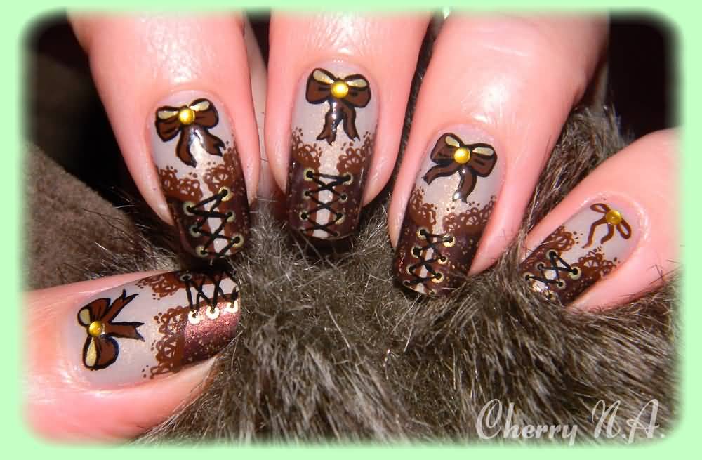 Brown Corset Nail Art With Bow Design