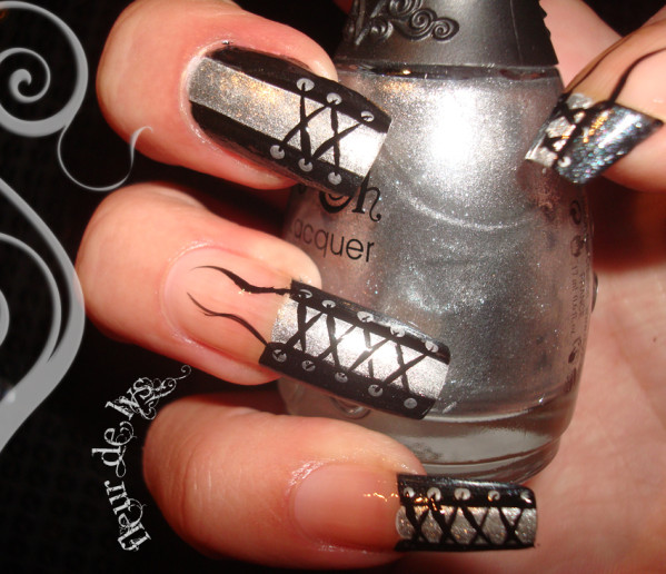 Grey And Black Corset Nail Art