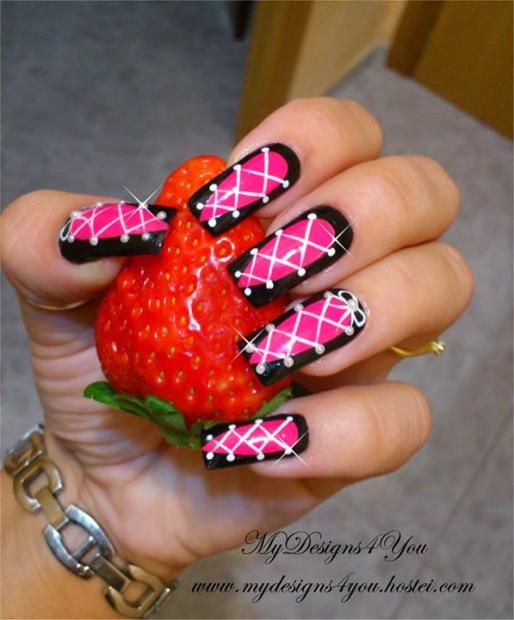 Pink And Black Corset Nail Art For Long Nails