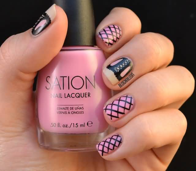 Pink And Black Corset Nail Design