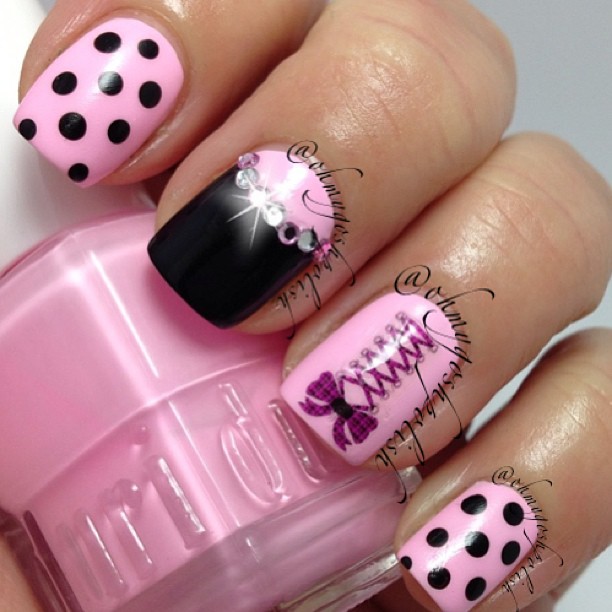 Pink And White Polka Dots And Accent Corset Nail Art