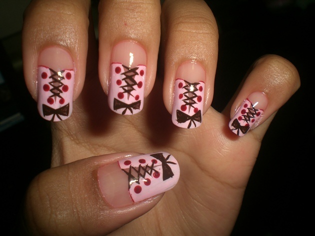 Pink Corset Nail Art With Black Bow