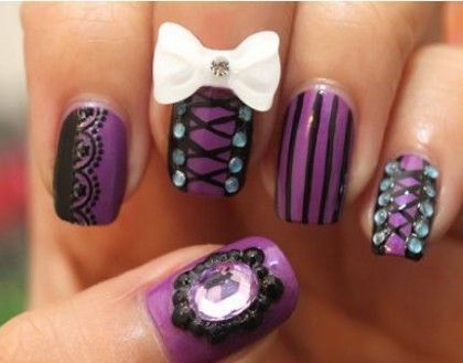 Purple Corset Nail Art With Rhinestones And 3d Bow Design