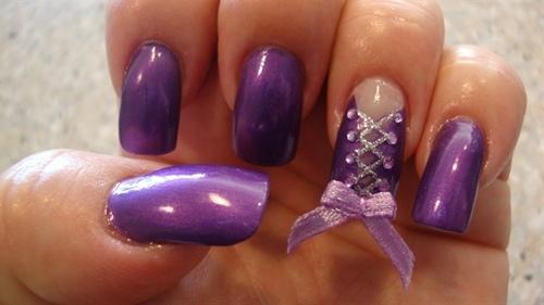 Purple Nails With Accent Corset Design Nail Art