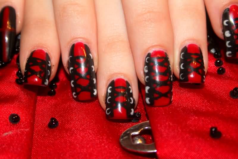 Red And Black Corset Nail Design