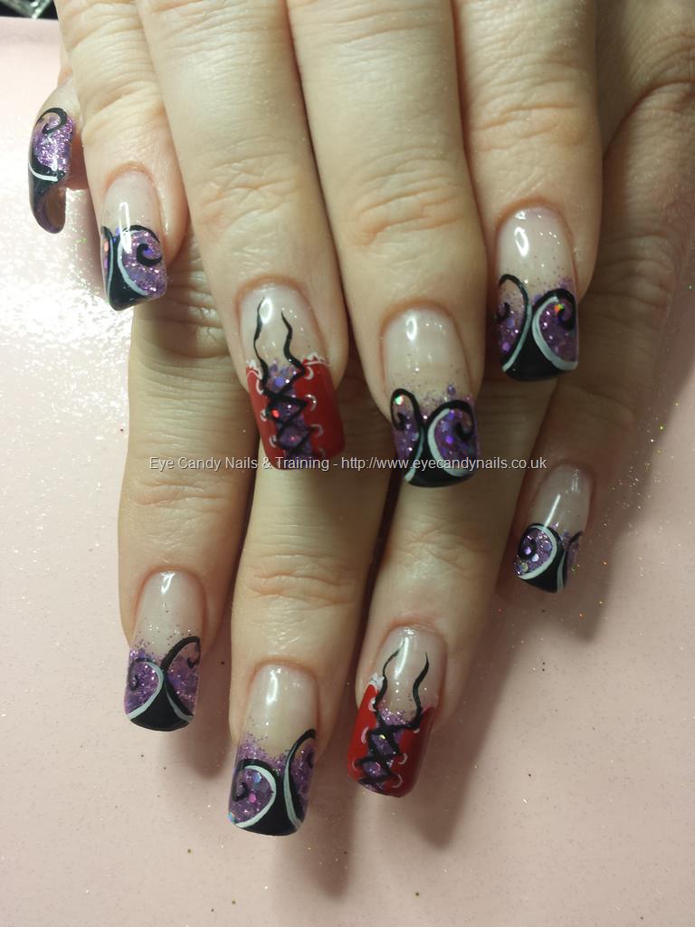 Red Corset Design Nail Art With Purple Glitter Nails