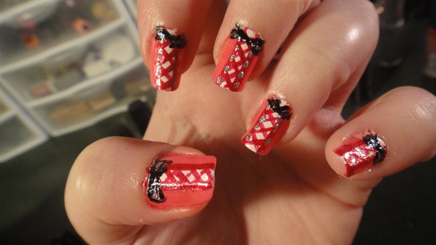 Red Corset Nail Art With Black Bow Design