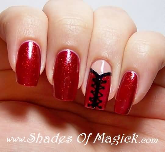 Red Nails With Accent Corset Nail Art Design