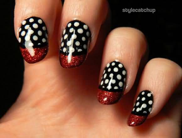 Black And White Polka Dots Nail Art With Red Glitter French Tip