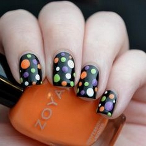 Black Glossy Nails With Colorful Polka Dots Nail Art