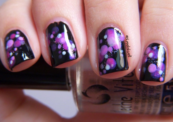 Black Glossy Nails With Purple Polka Dots Nail Art