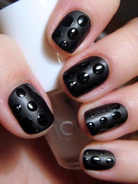 Black Matte Nails With Glossy Polka Dots Nail Art