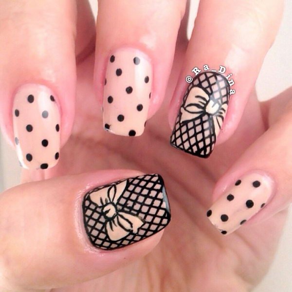 Black Polka Dots Nail Art With Bow Design