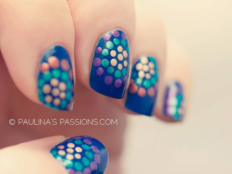 Blue Nails With Sparkle Polka Dots Nail Art