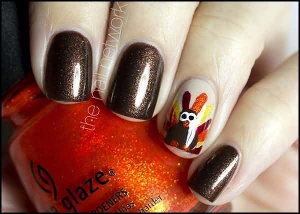 Brown Gel Nails With Accent Turkey Design Thanksgiving Nail Art