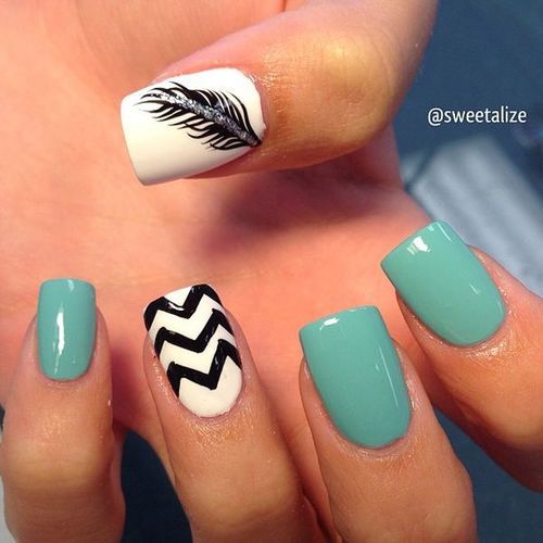 Chevron Design And Black Feather Design Nail Art