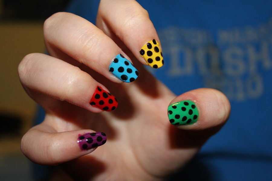 Colorful Nails With Black Polka Dots Nail Art