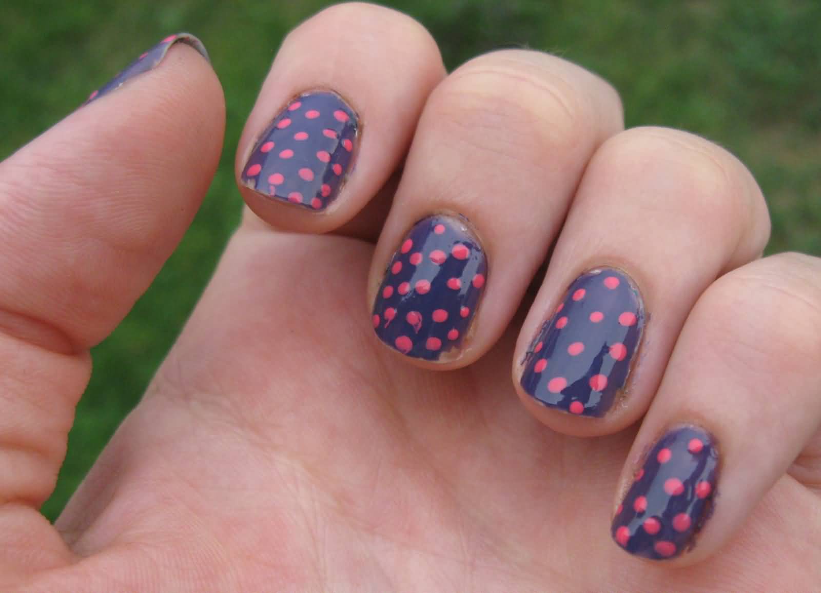 Glossy Navy Blue Nails With Pink Polka Dots Nail Art