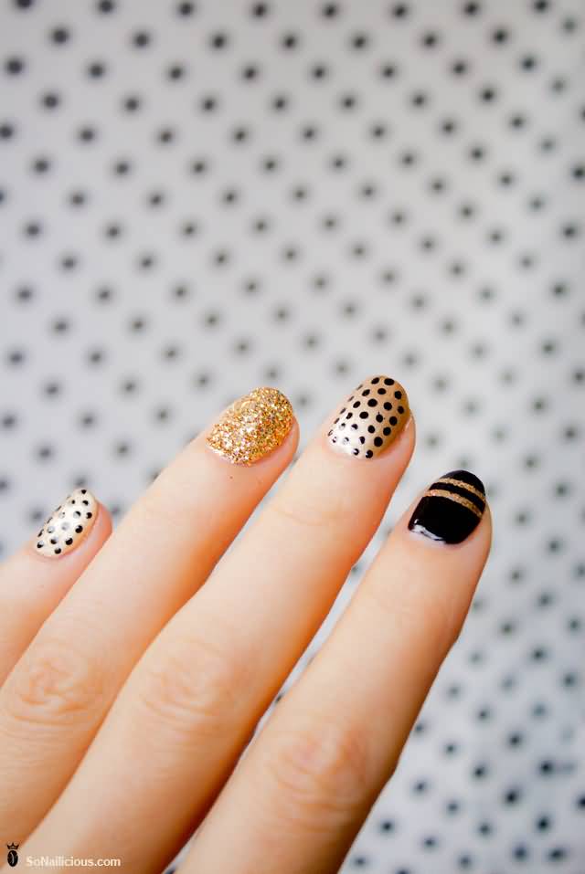 Gold And Black Polka Dots Nail Art