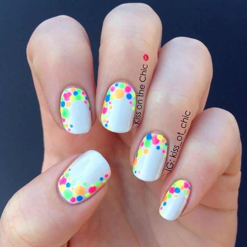 Neon Polka Dots Nail Art On White Nails