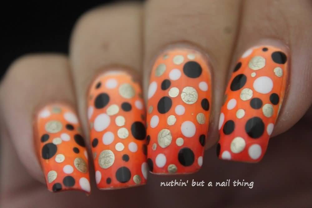 Orange Ombre Nails With Polka Dots Nail Art