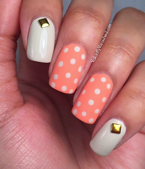 Peach And White Polka Dots Nail Art With Gold Caviar Design