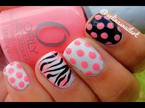 Pink Polka Dots And Zebra Print Nail Art