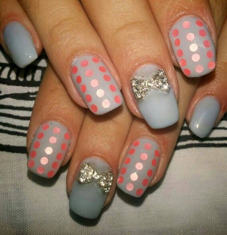 Pink Polka Dots On Grey Nails With 3d Metallic Bow Design