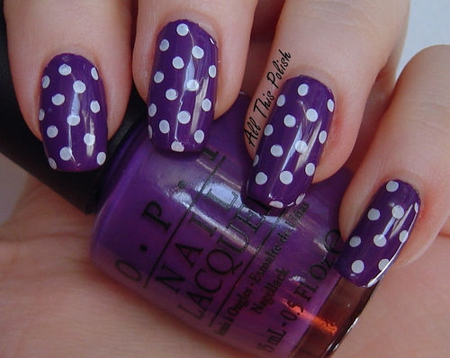 Purple Glossy Nails With White Polka Dots Nail Art