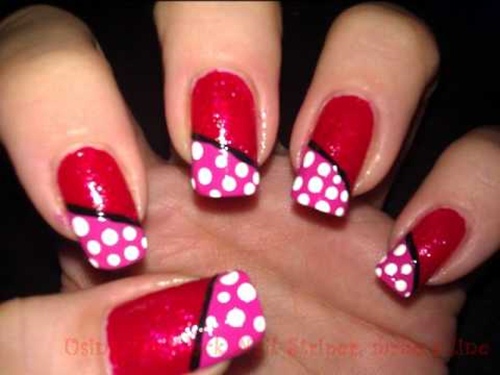 Red And Pink Polka Dots Diagonal Design Nail Art