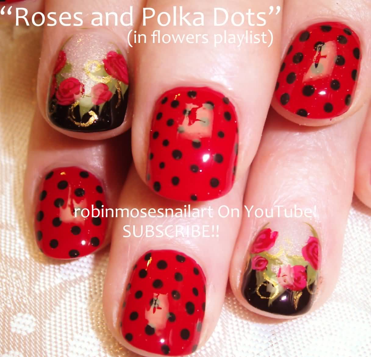 Roses And Polka Dots Nail Art