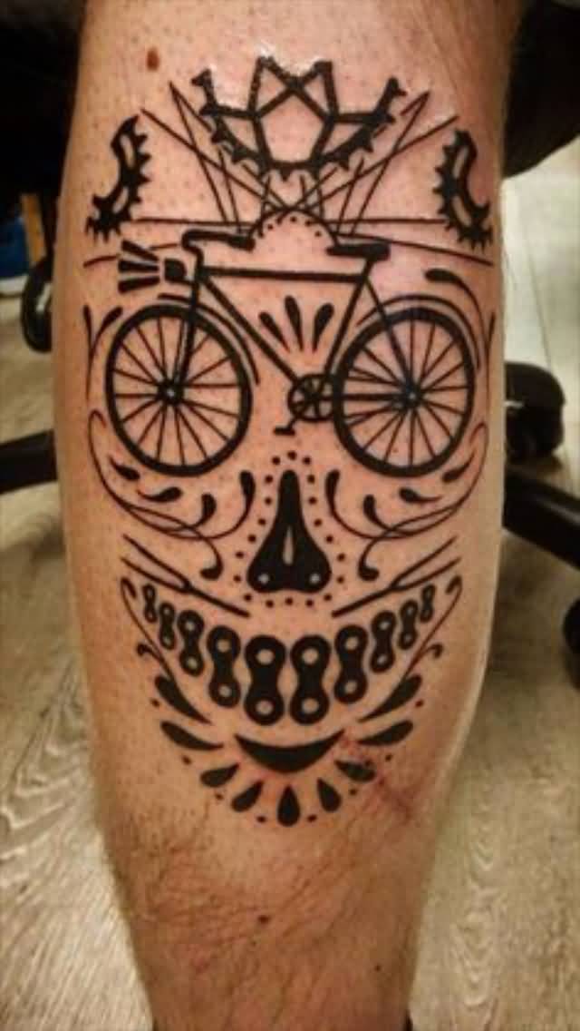 Amazing Cycle On Sugar Skull Tattoo On Back Leg