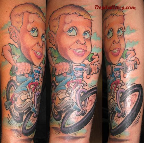 Awesome Colorful Boy Riding Cycle Tattoo