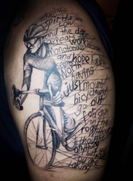 Awesome Cyclist Riding Cycle With Lettering Tattoo