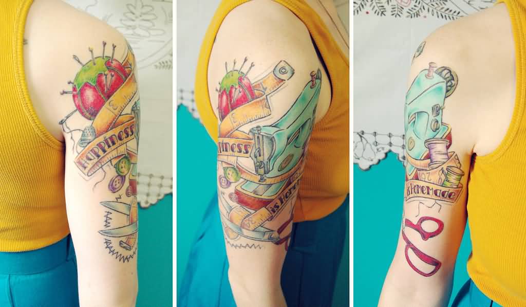 Awesome Sewing Machine With Scissor Craft Tattoo On Half Sleeve