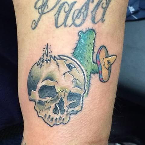 Cactus With Skull And Mexican Hat Tattoo