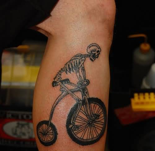 Crazy Skeleton Riding Cycle Tattoo On Leg