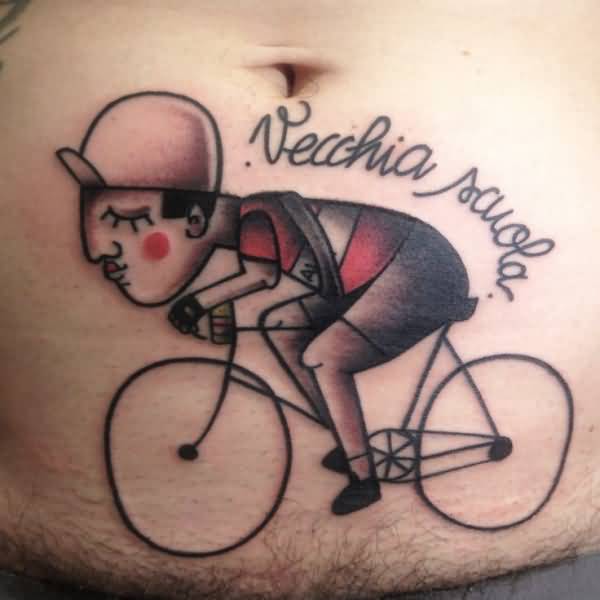 Cute Lady Riding Cycle With Name Letters Tattoo On Waist