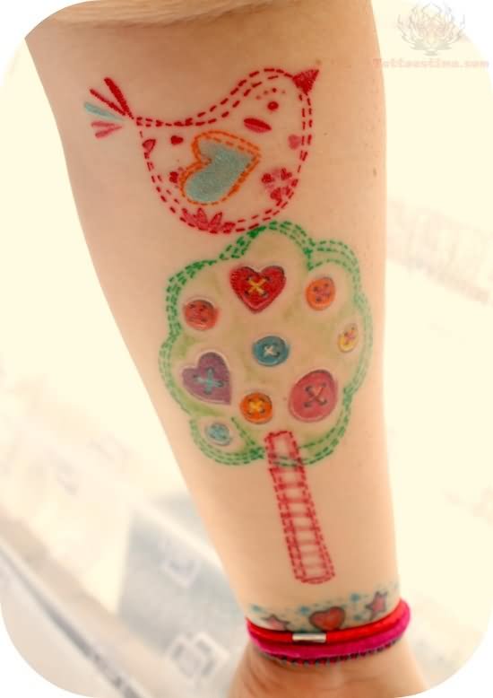 Cute Tree And Bird Craft Tattoo On Forearm