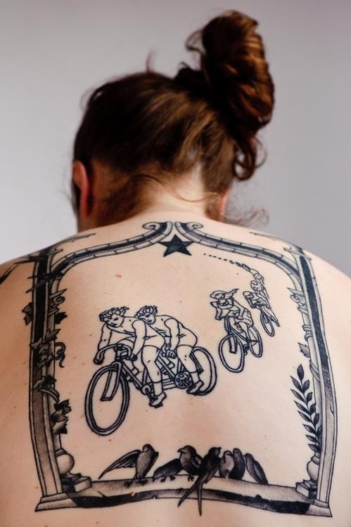 Cyclists On Cycles Black Ink Frame With Birds Tattoo On Upper Back