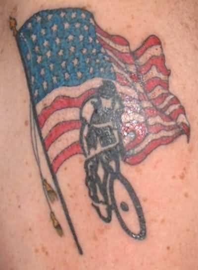 Famous Big American Flag And Sportsmen On Cycle Tattoo