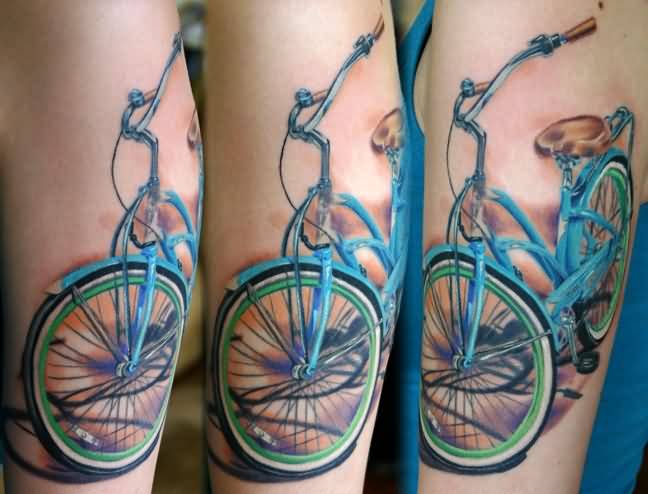 Fantastic Blue Color Cycle Tattoo On Half Sleeve By Perfect Artist