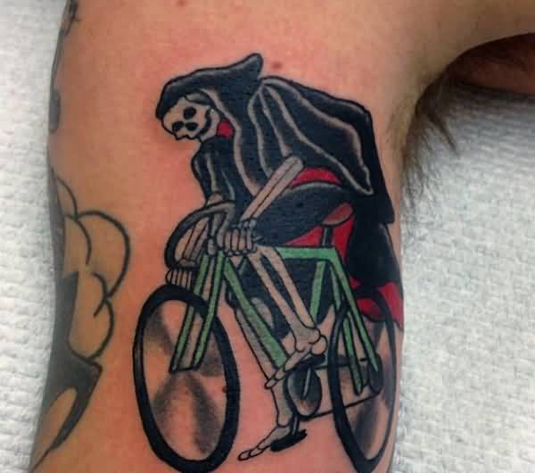 Funny Skeleton Riding Cycle Tattoo