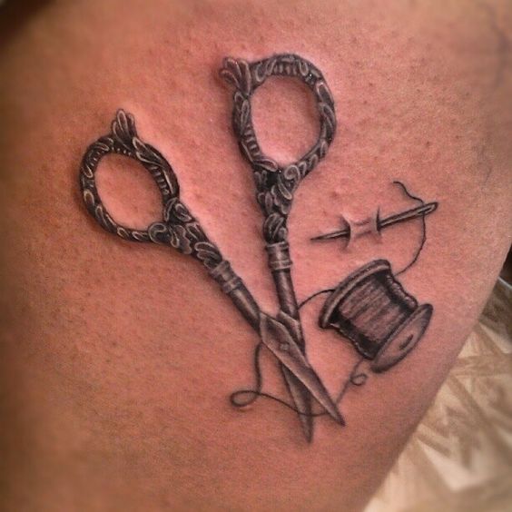 Grey Ink Spool And Scissor Craft Tattoo