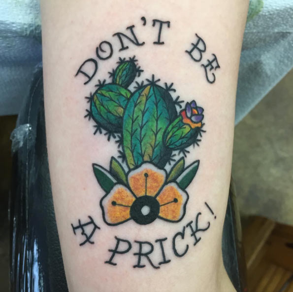 Lovely Cactus With Lettering Traditional Tattoo On Half Sleeve By Tom Veling