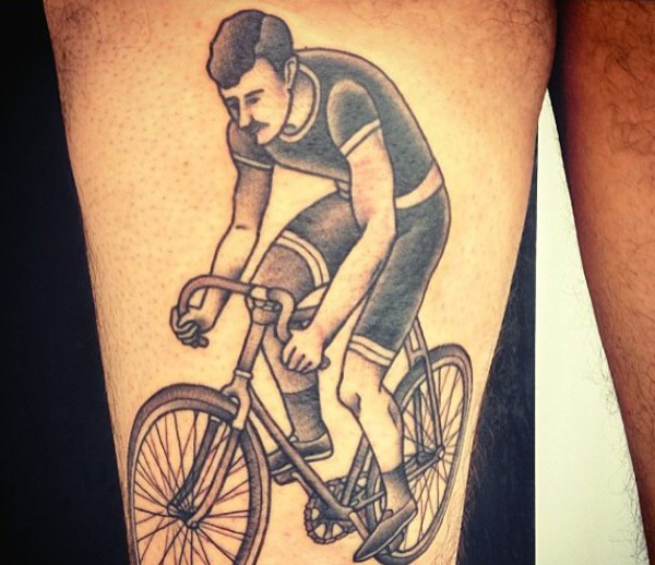 Man Riding Cycle Realistic Tattoo On Thigh