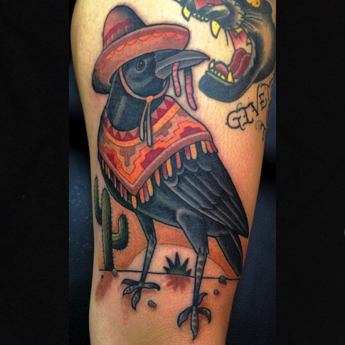 Mexican Crow With Saguaro Cactus Traditional Tattoo On Sleeve