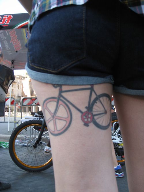 Nice Cycle Tattoo On Back Left Thigh